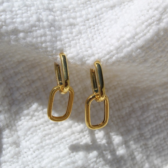 Sterling Silver Gold Chain Link Hoop Dangle Earrings - Picture 5 of 10